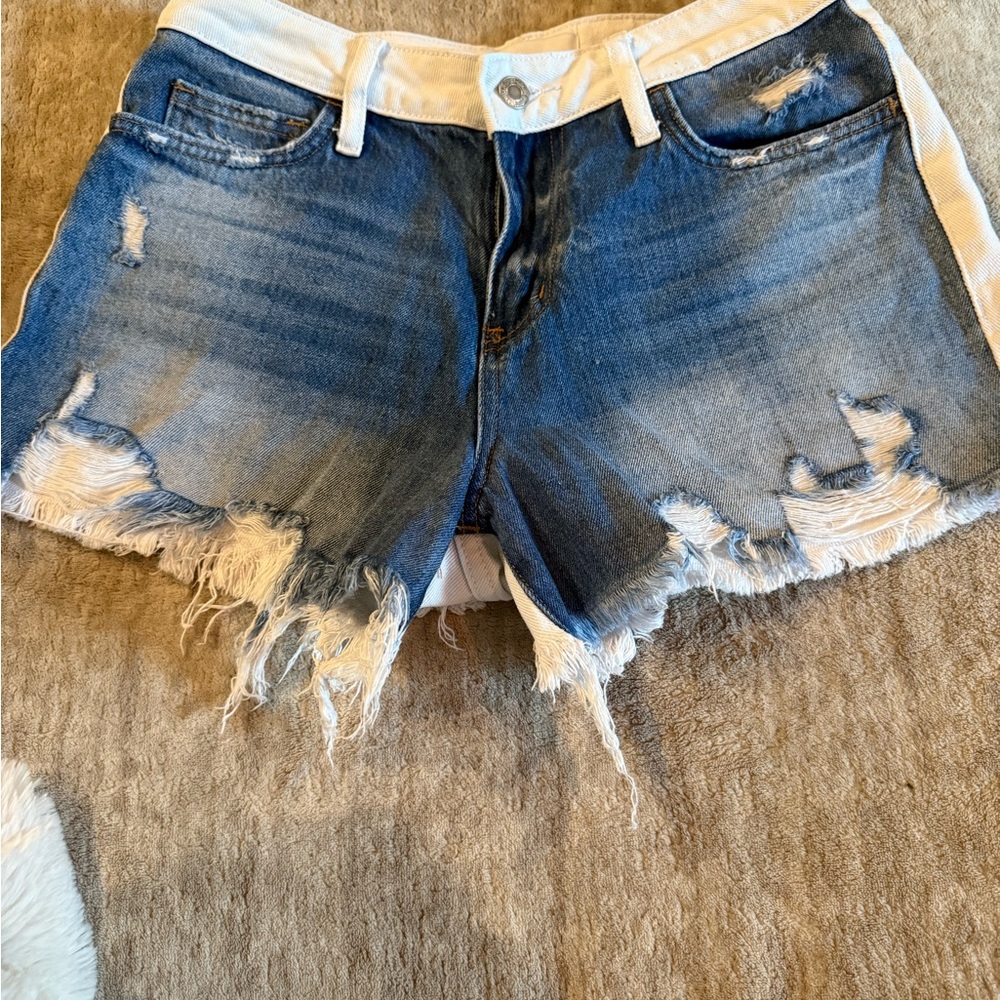 VERVET BY FLYING MONKEY Distressed Washed Blue Denim Shorts with White Trim